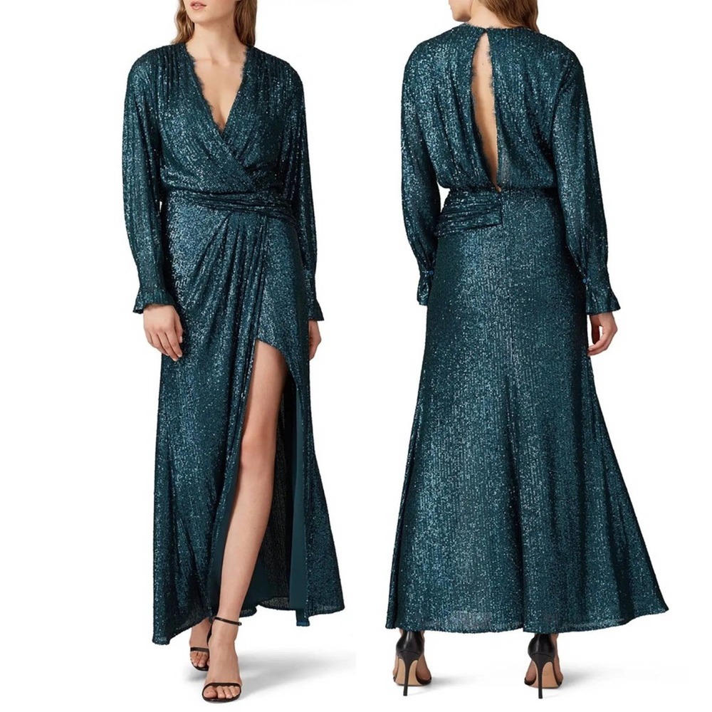 Jonathan Simkhai Sequin Embroidered Long Sleeve Draped Front Gown in Blue Marine